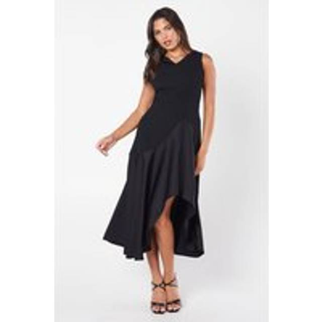 Ruched Shoulder Drape Skirt Crepe Midi Wedding Guest Dress - Black - 10
