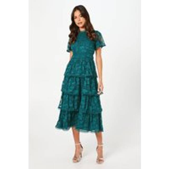 Petite Tiered Lace Dress With Flutter Sleeve & Trims - Green - 8