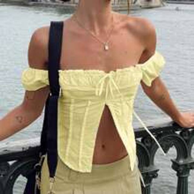 Women's Vacation Enfärgad Off Shoulder Tie Front Slit Fåll Blus - Gul (L,M,S,XL)