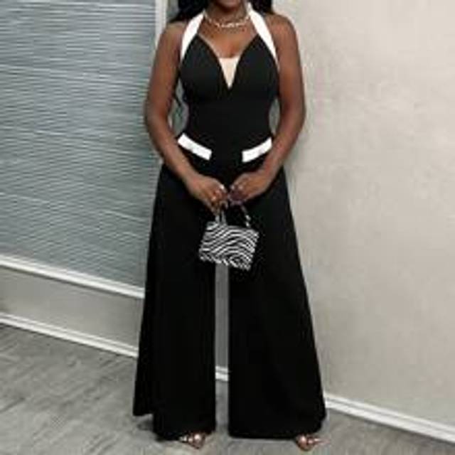 2024 Nyaste eleganta sommaren ärmlös jumpsuit med vida ben med färgblockinlägg och grimma för kvinnor, midja - Svart och Vitt (L,M,S,XL,XS,XXL,XXS,XXXL,XXXXL)