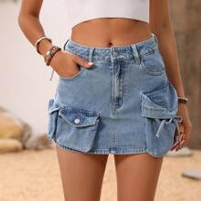 Simple Daily Denim Utility Mini Kjol för sommar för kvinnor - Ljustvätt (L,M,S,XS)
