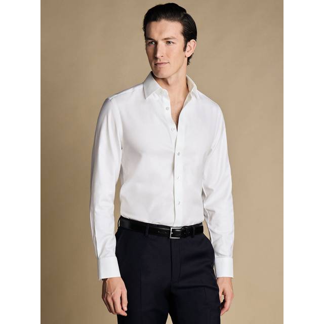 Men's Non-Iron Twill Cotton Formal Shirt - White Double Cuff, Large by Charles Tyrwhitt (Large)