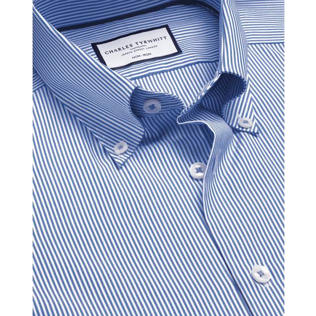 Men's Button-Down Non-Iron Stretch Oxford Stripe Cotton Formal Shirt - Cobalt Blue Single Cuff, Large by Charles Tyrwhitt (Large)
