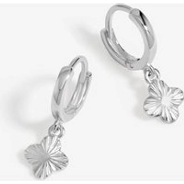 Sterling Silver 925 Polished Diamond Cut Clover Charm Hoop Earrings - One Size