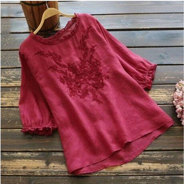 (3XL, burgundy) Blouse Women Plus size Ruffle Cotton Ladies Embroidered Top Blouse Summer shirts Puff sleeve Casual