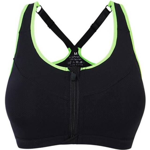 (Black, L) Professional Shakeproof Front Zipper Breathable Sports Bra
