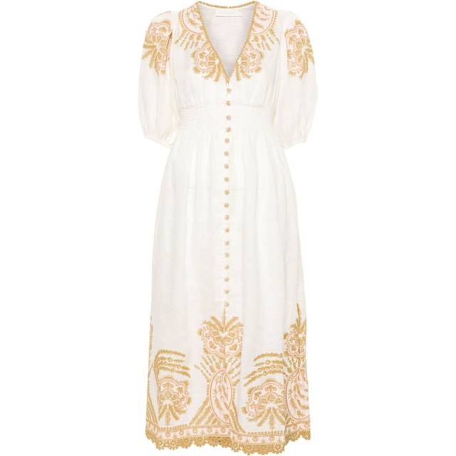 Zimmermann Womens Cream/gold Waverly Floral-embroidered Linen Midi Dress M - CREAM/GOLD