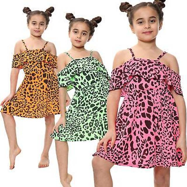 (5-6 Years, Neon Orange) Kids Girls Skater Dress Leopard Print Off Shoulder