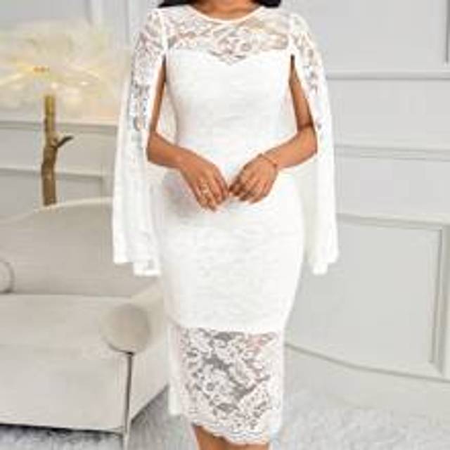 Vit Lace Patchwork Cape Style Bodycon Klänning för kvinnor, lämplig för arbete och fest - Vitt (L,M,S,XL,XS,XXL,XXS,XXXL,XXXXL)