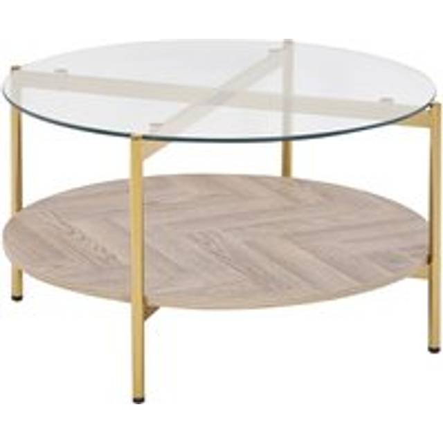 Beliani - Modern Coffee Table Tempered Glass Tabletop Metal Frame Round 1 Shelf Light Wood Gold ø 80 cm Lovell