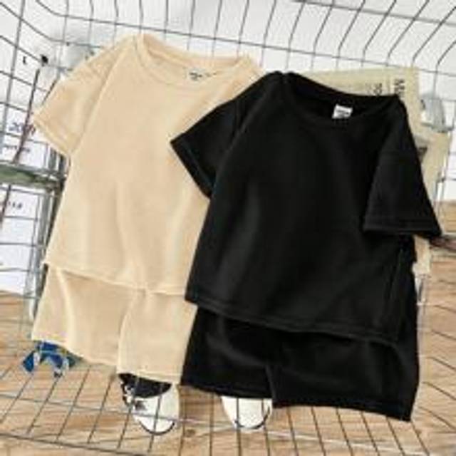 4st Baby Boy Summer Vintage Plain Waffle Stickt Drop Shoulder Sweatshirt och Shorts Set, Bekväm ventilerande Casual Outfit - Svart (6-9M,9-12M,12-18M,18-24M,2-3Y)