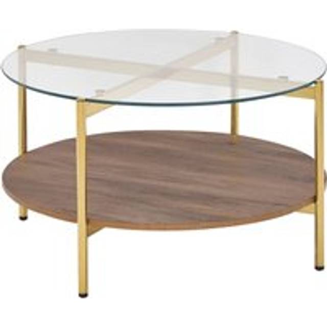 Beliani - Modern Coffee Table Tempered Glass Tabletop Metal Frame Round 1 Shelf Dark Wood Gold ø 80 cm Lovell
