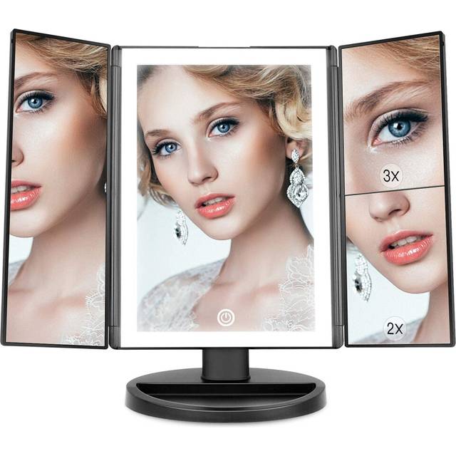 Lighted Vanity Makeup Mirror 1x/2x/3x Magnification Trifold with 36 LED Lights Touch Screen and USB charging, 180 Degree Adjustable Stand for