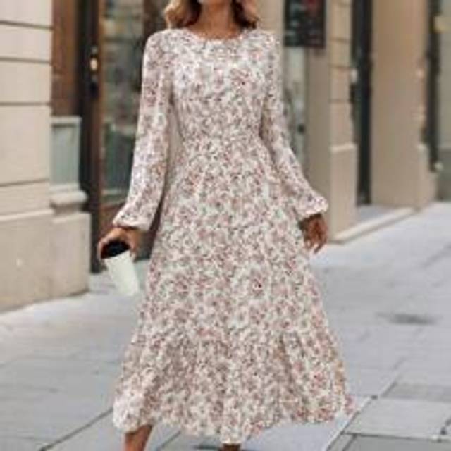 Kvinnors rund hals Ditsy Blommig långärmad semesterklänning Maxi Kvinnor Outfit - Aprikos (L,M,S,XL)