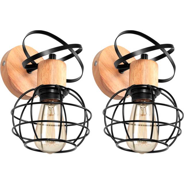 2PCS Metal Cage Wall Light Retro Wall Lamp Wood Wall Light Indoor Wall Lamp Black E27 Modern Wall Lamp