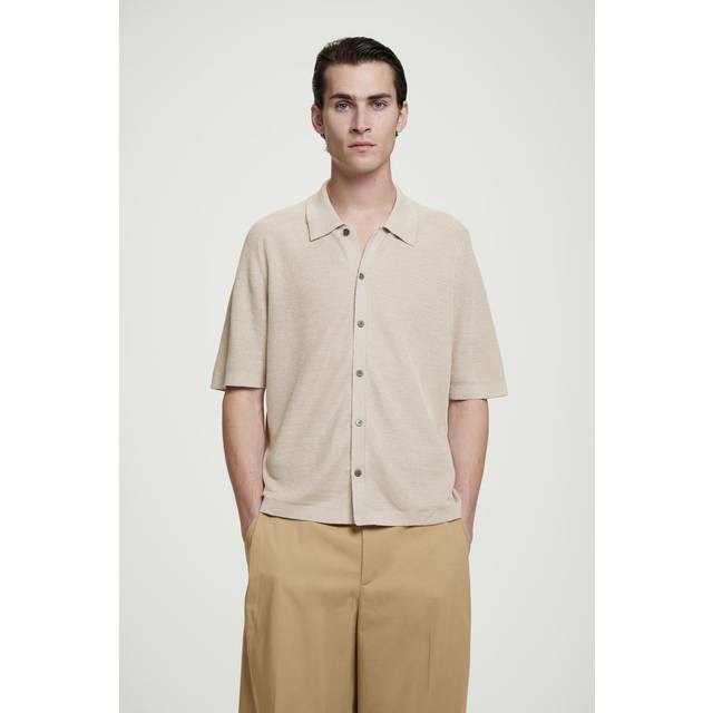 Relaxed Ribbed-Knit Linen Shirt in Light Beige