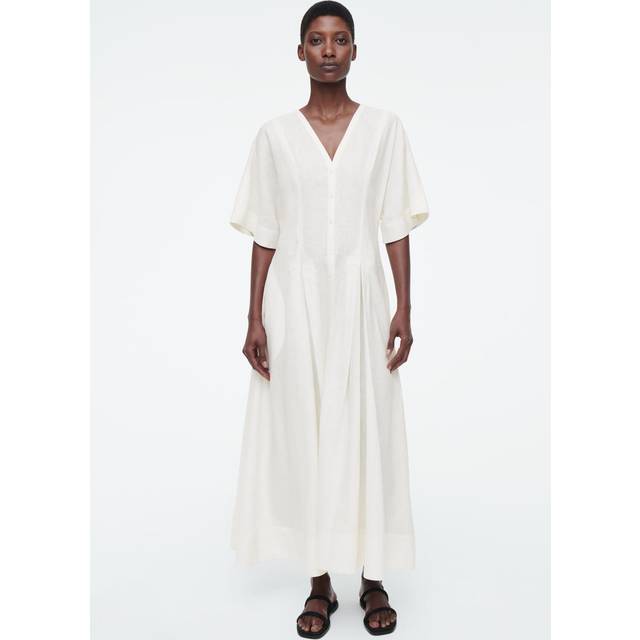 Pleated A-Line Midi Shirt Dress - White - 38