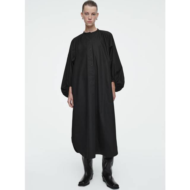 Gathered Balloon-Sleeve Midi Dress - Black - 38