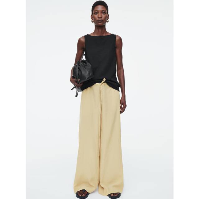 Wide-Leg Drawstring Trousers in Beige - 32