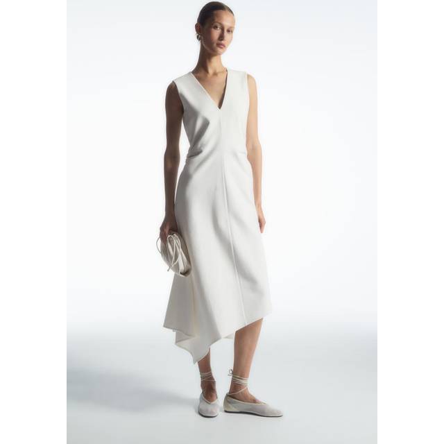 Gathered Asymmetric Midi Dress - White - S