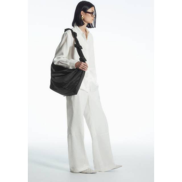 Satin-Panelled Wide-Leg Trousers in Beige - 42