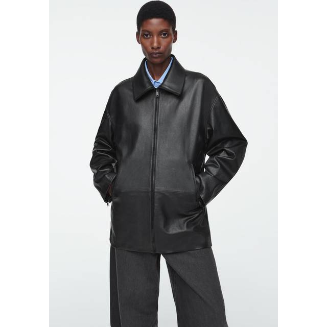 Waisted Leather Trucker Jacket - Black - XS