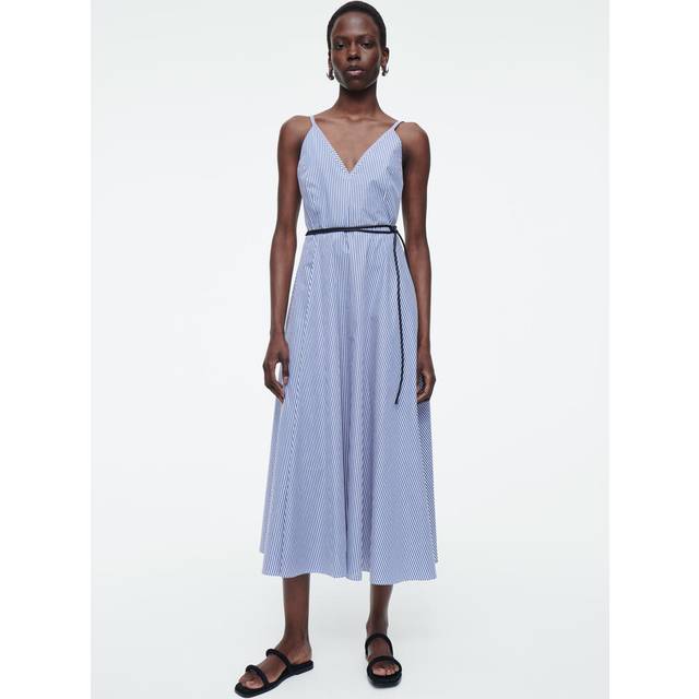 Striped A-Line Midi Dress - Blue - 42