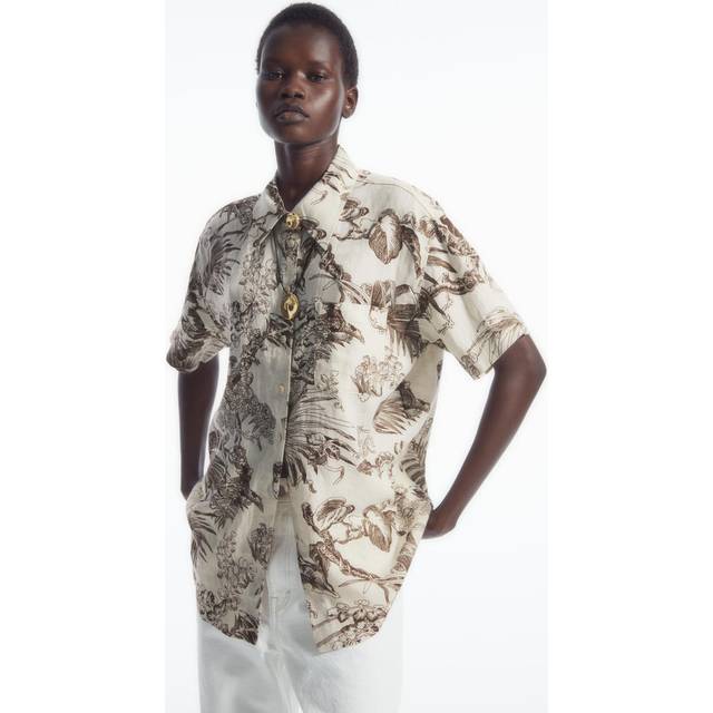 Botanical-Print Short-Sleeved Linen Shirt - White - 34