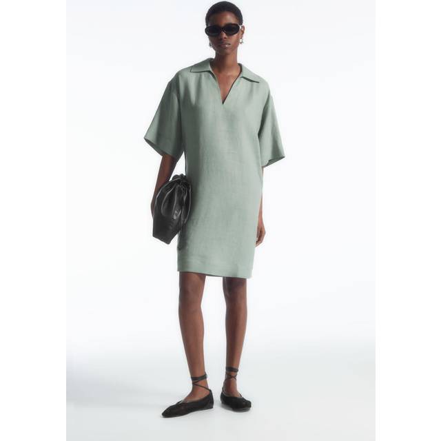 Open-Collar Linen Shirt Dress in Green - 34