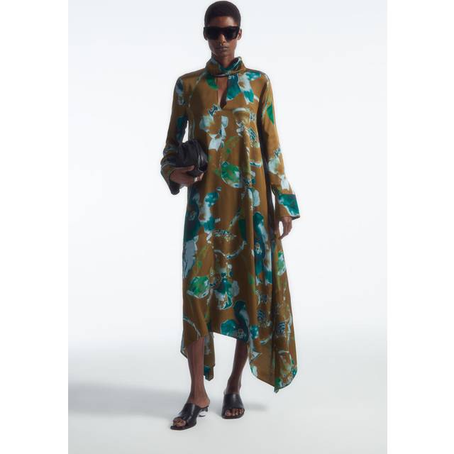 Asymmetric Printed Midi Dress - Brown - 36