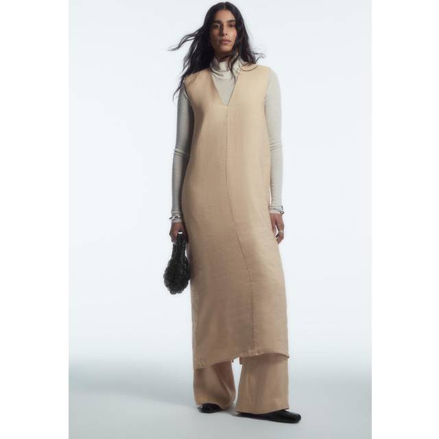 V-Neck Linen-Blend Dress in Beige - 40