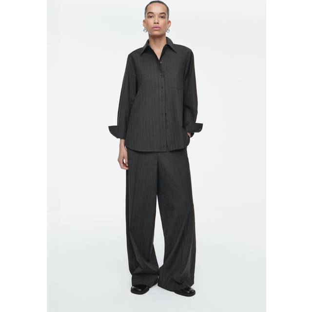Regular Pinstriped Wool Wide-Leg Trousers in Dark Grey - 44