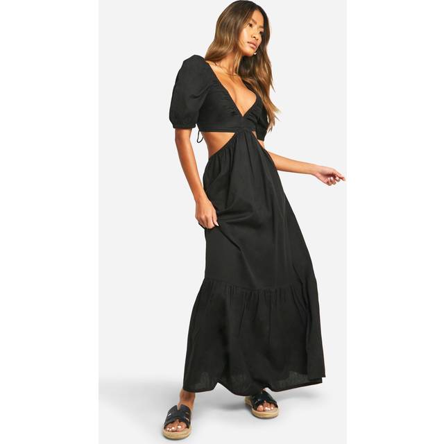 Womens Linen Look Tie Back Puff Sleeve Maxi Dress - Black - 16