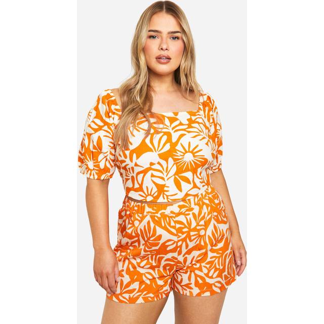 Womens Plus Abstract Print Tie Back Detail Milkmaid Top - Orange - 22, Orange