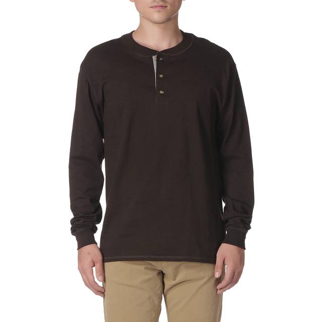 Hanes t-skjortor för män, BeefyT Henley-tröjor för män, långärmade bomullströjor för män, Mörk tryffel, S