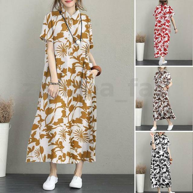 Uk womens summer short sleeve baggy floral print kaftan midi dress plus size
