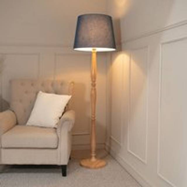 ValueLights Victoria Navy Tapered Shade Light Wood Floor Lamp & Bulb
