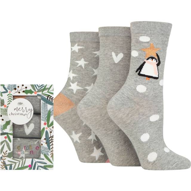 Women's 3 Pair Caroline Gardner Christmas Foliage Gift Boxed Cotton Socks Penguin / Plain / Stars 4-8 Ladies - Multi Coloured