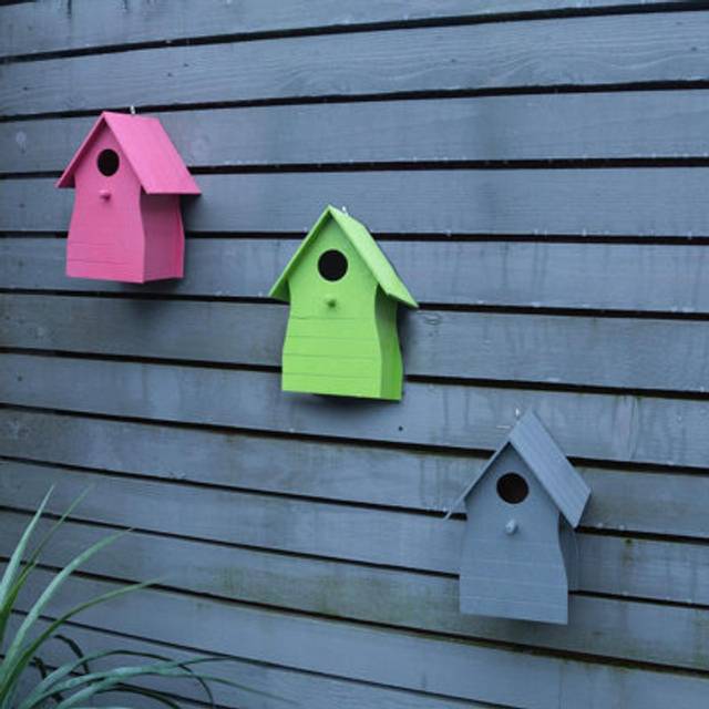 Set of 3 Colourful Wooden Bird Houses - Wall Fence Mountable or Hanging Outdoor Garden Wild Bird Nesting Box with 30mm Hole - Multi - One Size