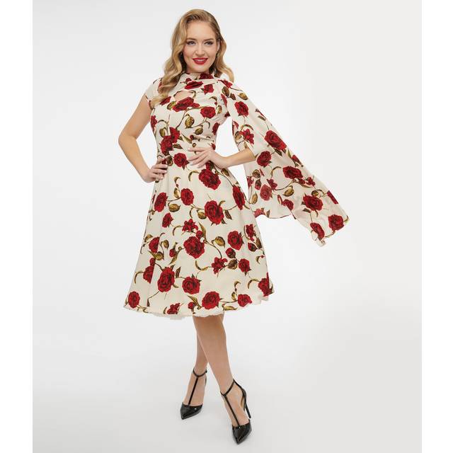 Unique Vintage 1940S Cream & Red Rose Print Sash Swing Dress - XLarge/14