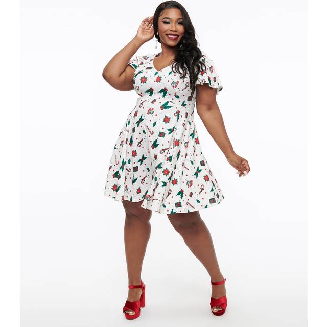 Unique Vintage Plus Size 1950S Ivory Christmas Print Poppy Flare Dress - 1X/16