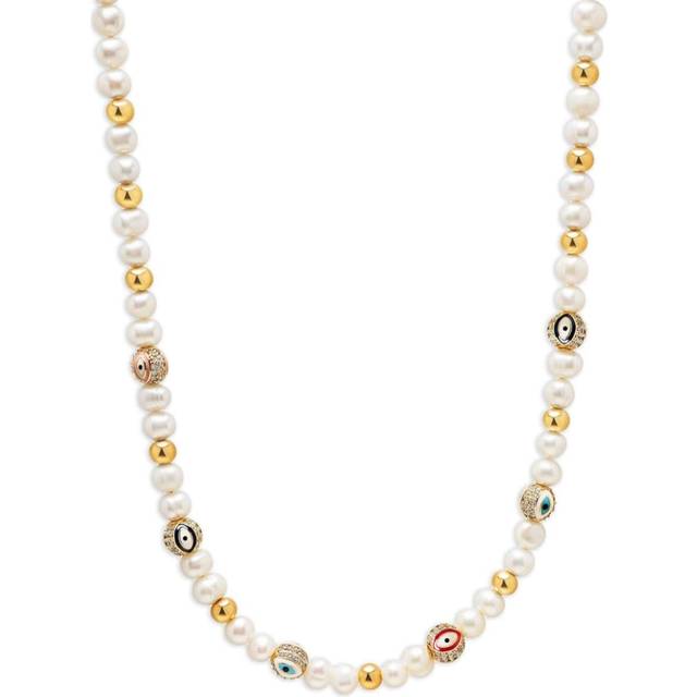 Nialaya Jewelry - Evil Eye beaded necklace - men - Baroque Pearl/Gold Plated Steel - 20