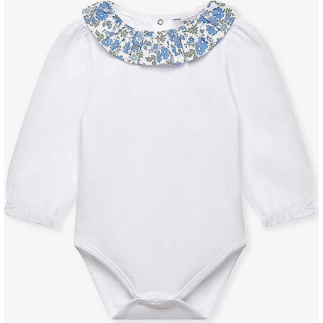 Trotters White / Blue Floret Willow Frill-cotton Stretch-cotton Bodysuit 3-24 Months 6-12 - WHITE / BLUE FLORET