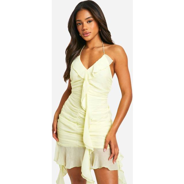 Womens Halterneck Chiffon Ruffle Mini Dress - Yellow - 14, Yellow