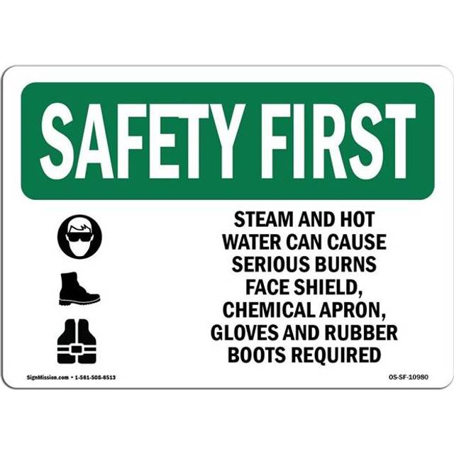 SignMission OS-SF-A-1218-L-10980 12 x 18 in. OSHA Safety First Sign - Steam & Hot Water Can Cause with Symbol