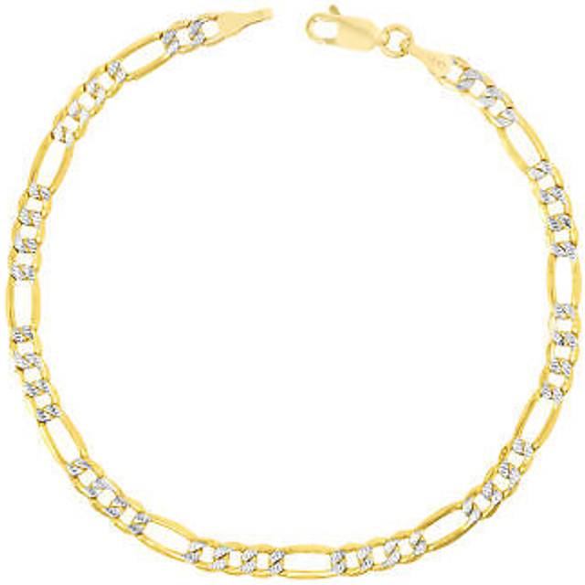 10k yellow gold 4.5mm diamond cut white pave italian figaro chain bracelet 7"-9"