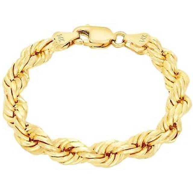 14k yellow gold solid 10mm wide mens diamond cut rope chain bracelet 7.5" - 9"