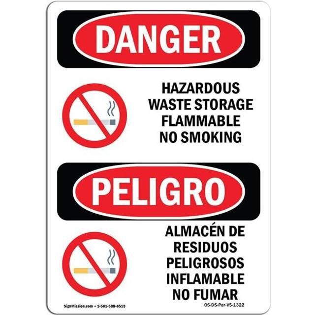 SignMission OS-DS-A-1014-VS-1322 10 x 14 in. OSHA Danger Sign - Hazardous Waste Storage No Smoking Bilingual