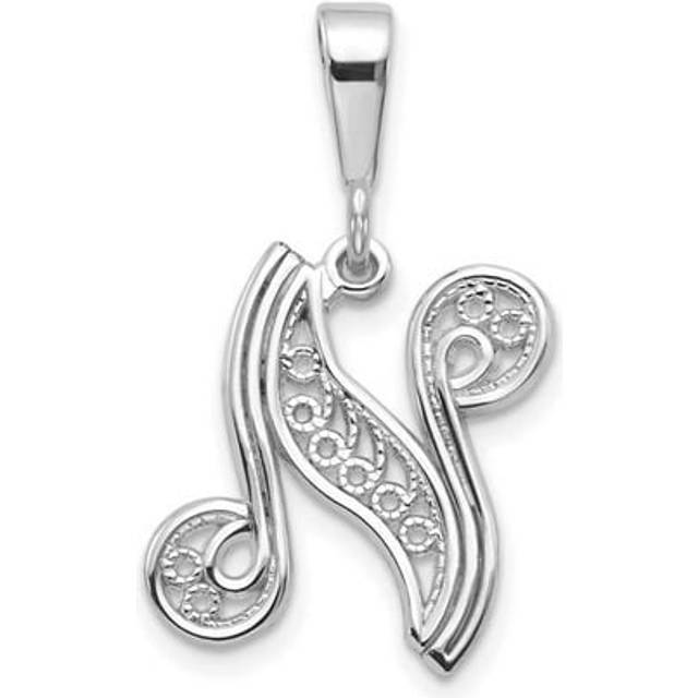 14K White Gold Solid Polished Script Filigree Letter N Initial Pendant