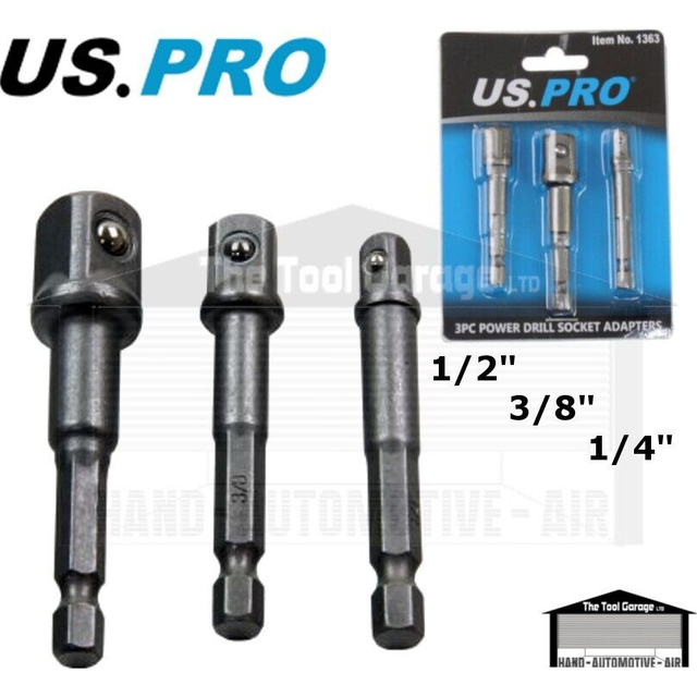 "US PRO 3pc Hex Power Bit Socket Drive Adapter Set 1/4 3/8 1/2"" DR 1363"